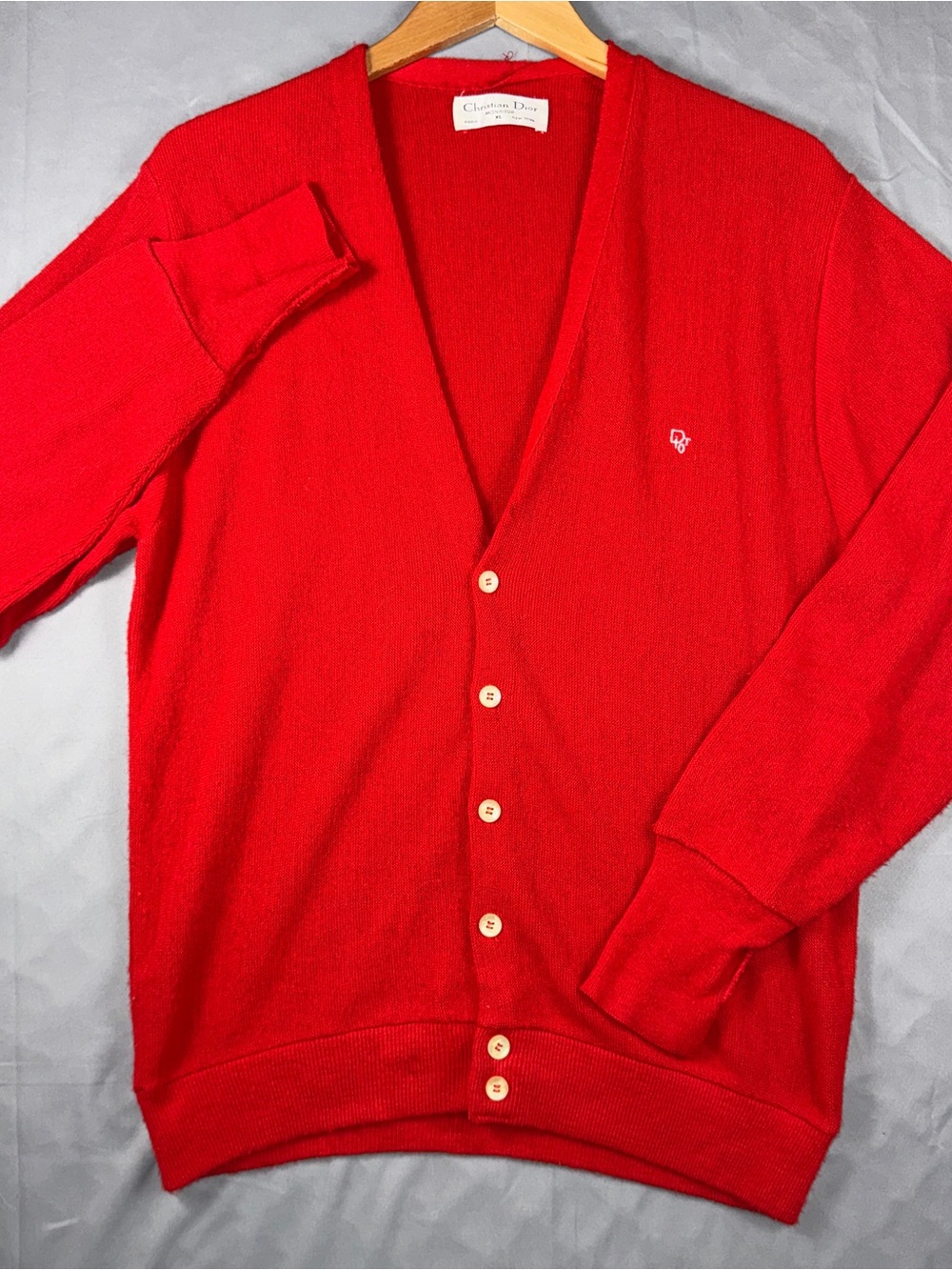 Vintage Christian Dior Monsieur Sweater Mens XL Red Acrylic Knit Cardigan USA